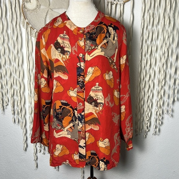 Citron Santa Monica Coral Button Down Silk Blouse with Asian Inspired Print L - Picture 1 of 11